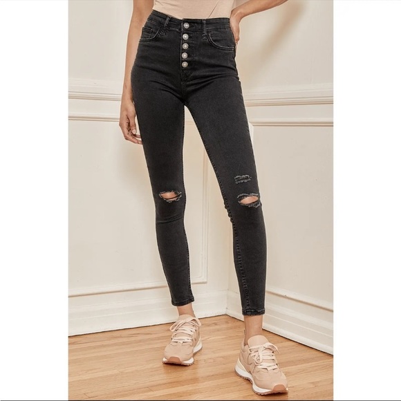 Free People Denim - FREE People We The Free black Sabrina super skinny high rise distressed jeans